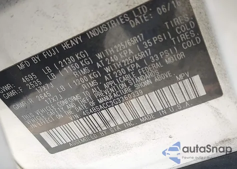 2016 Subaru Outback 2.5I Premium z USA, uszkodzony, nr VIN 4S4BSACC2G3360339